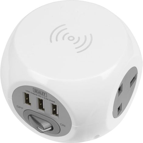 Sealey EL144WC 1.4m Extension Cable Cube & Wireless Charging Pad 3 x 230V & 3 x USB