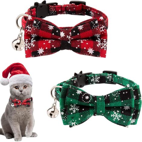 Confezione da 2 collari natalizi per gatti con campanellini e papillon, collare a tema natalizio regolabile a sgancio rapido per gattini, cuccioli e gattini (C) (1/5)