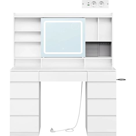 Coiffeuse moderne avec miroir, rangement multifonctionnel et prises intégrées, bois blanc 110x40x140 cm (1/5)