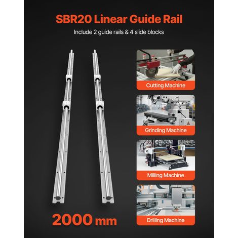 Kit rail linéaire SBR20, 2 rails guidage 2000 mm et 4 chariots à billes, axe soutenu, pour découpe, meulage, fraisage, perçage (1/5)
