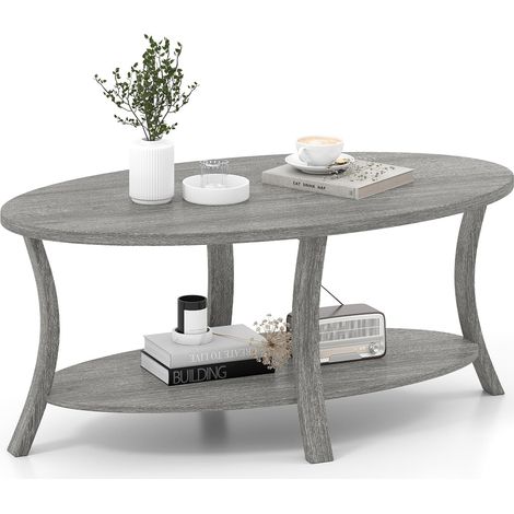 COSTWAY Tavolino da Caffè Ovale a 2 Livelli, Tavolino Basso da Salotto in Legno con Ampio Piano e Ripiano Aperto, Design Rustico per Soggiorno, Ufficio e Studio, 111 x 60,5 x 47 cm (Grigio) (1/5)
