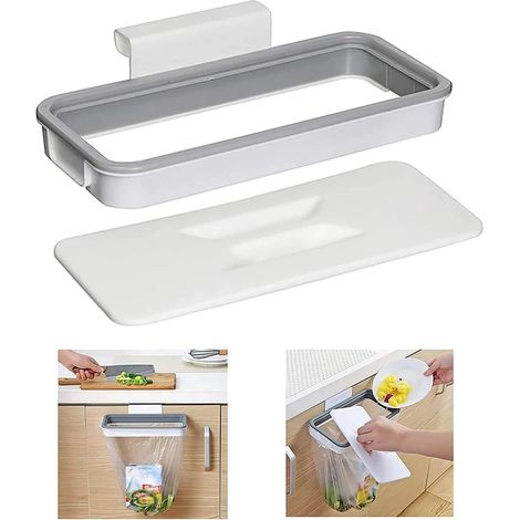 1 - Support Sac Poubelle - Porte-sac Suspendu - Couvercle Anti-odeur - Fixation Porte Armoire - Cuisine Salle à Manger - Blanc - 24x10x11cm