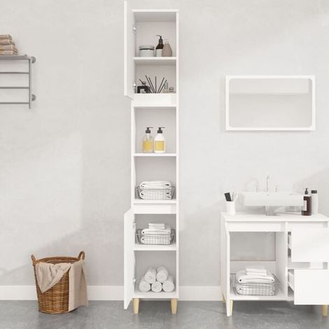 Meuble de Salle de Bain 30x30x190 cm, Colonne de Rangement Blanche en Bois d'Ingénierie, Armoire de Toilette Mince et Élégante avec Étagères (1/5)