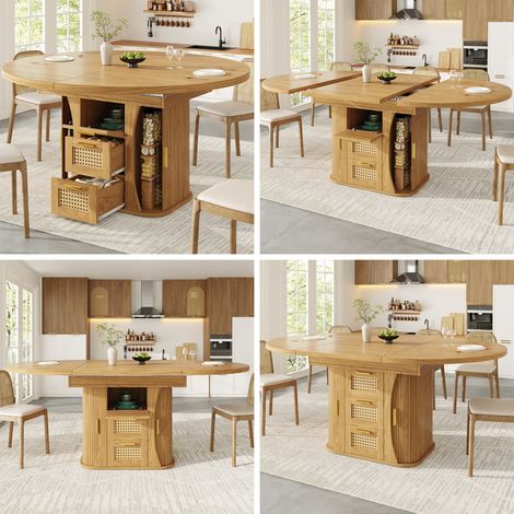 Mesa de comedor extensible con almacenamiento, mesa de 118–158 cm con cajones de ratán, aspecto de madera MDF, negro/madera natural/marrón (1/5)