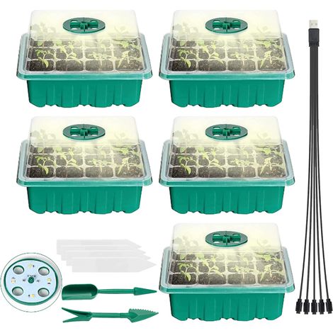 Plateau de semis bio 5 pièces avec lampes de croissance, 60 alvéoles, 5 étiquettes et 2 outils de repiquage. (1/5)