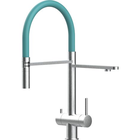 3 Wege Wasserhahn Edelstahl Massiv Kuechenarmatur mit Tuerkis 360 schwenkbarem Auslauf und abnehmbare 2 strahl Handbrause - Edelstahl Gebuerstet