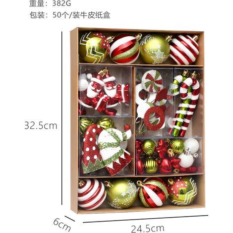 Décorations de Noël : lot de 50 boules de Noël peintes en rouge, vert et blanc, ornements pour sapin de Noël (1/5)