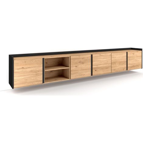 Skraut Home - Meuble TV, Banc Télé, Grand espace de Rangement, 309x35x50 cm, Pour les TV jusqu'à 80", Suspendu, Mural, Style moderne, Chêne et noir (1/5)