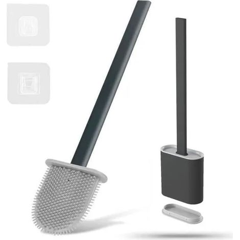 Brosse WC silicone noire avec porte-support mural amovible, nettoyage facile, design pratique, TPR durable, set hygiène salle de bain. (1/5)