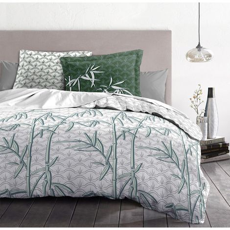 Housse de Couette 3 Pièces 100% Coton 57 Fils 2 Personnes 240x260 cm ONDINA Blanc Vert (1/5)