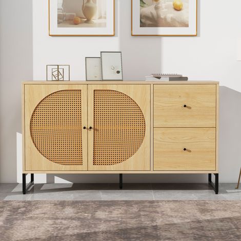 Sideboard with Wooden and cane rattan detail cabinet with 2 Doors, 2 Drawers, 130x40x75cm - Living Room - Wood color (1/5)