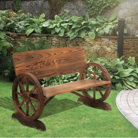 Banc de jardin 2 places en bois foncé, style rustique avec accoudoirs en forme de roue, assise large et dossier haut, 250 kg, 114 x 58 x 80 cm - CHICFURN (1/5)