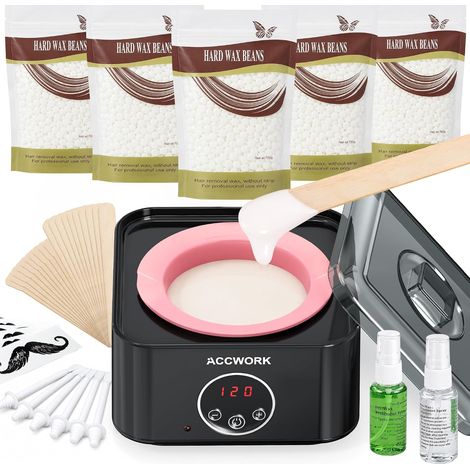 Kit Épilation Cire avec Chauffe Cire Tactile pour Visage et Corps  500g Cire, Pot Silicone, 30 Applicateurs, 10 Collerettes, 2 Soins Pré/Post (1/5)