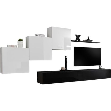 Composizione murale SWITCH X – Mobile TV da parete, cubi sospesi e mensola – Nero e bianco lucido – Design moderno