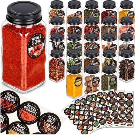 VILDE Lot de 24 flacons à épices en verre 120 ml + 90 étiquettes - Hermétiques - Rangement cuisine (1/5)