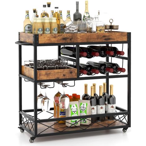 3-Tier Industrial Kitchen Serving Cart Rolling Bar Serving Trolley W/ Wine Rack (1/5)