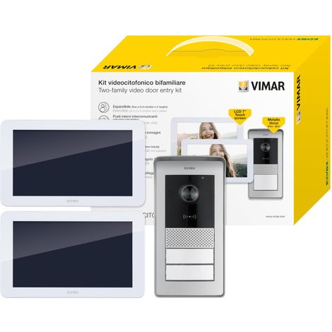 VIMAR K42936 Kit videocitofono multifamiliare, videocitofoni touch screen, alimentatore barra DIN, targa con lettore RFID con 2 pulsanti, staffe per fissaggio (1/5)
