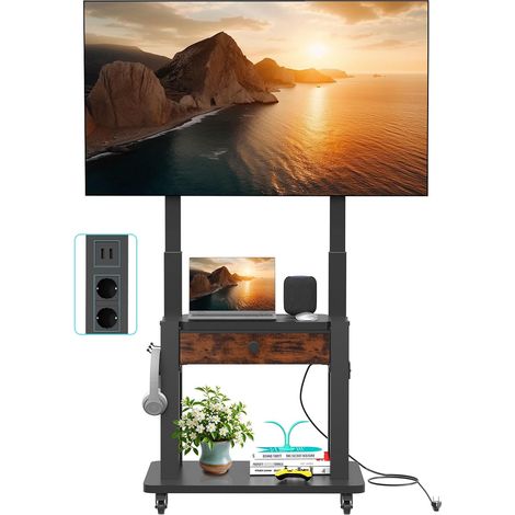 Support TV avec Prise électrique et tiroir en Tissu pour TV Plats/incurvés de 32-75" (Jusqu 100kg) LCD/LED/OLED. Chariot TV Mobile à Hauteur réglable pour Maison ou Bureau. VESA Max 600 x 400mm (1/5)