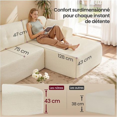 Canapé d'angle modulable 150 x 244 x 73 cm avec grande méridienne confort optimal style contemporain en velours crème (1/2)