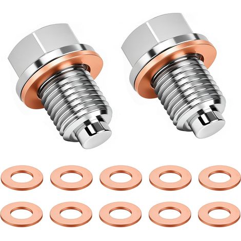 Lot de 2 vis de vidange magnétiques M14 x 1,5 avec 10 joints, écrou de vidange d'huile, vis de vidange d'huile, magnétique, bouchon de vidange d'huile en acier inoxydable pour voitures (1/5)