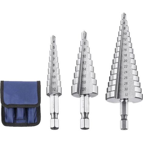 3PCS Foret Étagé Métal, 4-12；20；32mm Fraise Etage Metal Triangle Conique Titane 4241, Tige Hexagone pour Acier, Bois, Laiton, Aluminium, PVC (1/5)