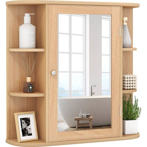 COSTWAY Mirrored Bathroom Cabinet Wall-mounted Storage Cabinet-Natural (1/5)