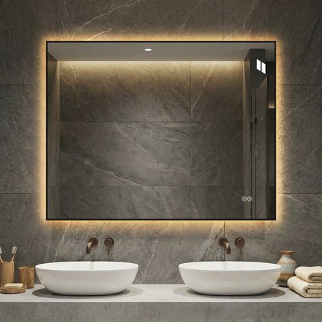 Miroir mural LED salle de bain 70x90 cm, cadre aluminium, rétroéclairage antibuée, 3 teintes réglables, variateur continu, mémorisation, verre argenté 5 mm sans cuivre (1/5)