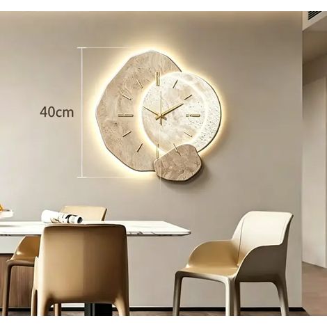 Horloge murale LED 2D effet pierre 40cm – Éclairage d'ambiance USB – Silencieuse pour chambres et bureaux – Finition en porcelaine cristalline
