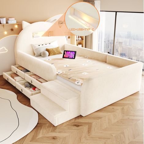 Lit enfant 90x200 cm avec USB, veilleuse, rangement et 4 tiroirs, banquette amovible, velours beige (1/5)