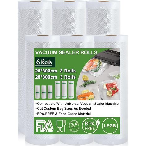 Lot de 6 rouleaux de sacs sous vide, 20 x 300 cm (3 rouleaux) et 28 x 300 cm (3 rouleaux), sans BPA, indéchirable, pour toutes les machines sous vide, micro-ondes et sous vide (1/5)