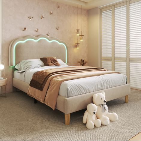DESVIAE Lit simple rembourré avec tête de lit LED réglable 90 x 190 cm en lin beige avec sommier à lattes (1/5)