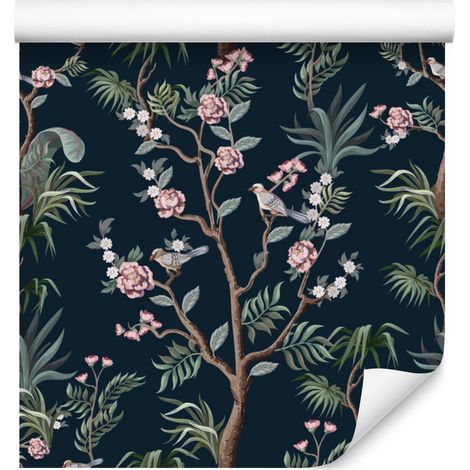 Carta da parati con alberi tropicali e uccelli per soggiorno e camera da letto, 50x1000 cm (1/5)