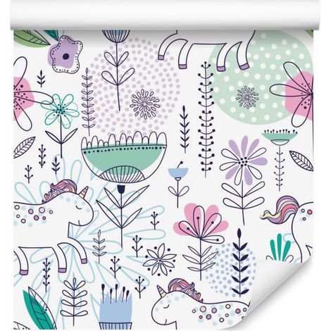 Papel pintado de unicornios y plantas para salón y dormitorio, 50x1000 cm. (1/5)