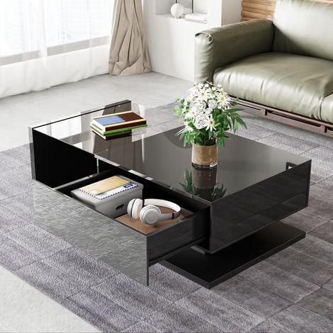 Table Basse Design Noir Laqué 105x55 cm - Plateau Verre Trempé-LED 16 Couleurs Réglables -Étagère de Rangement - pour Salon Moderne (1/5)