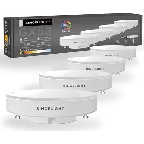 Ampoules LED GX53, 7W Réflecteur Dépoli, équivalent 60W, Disque Lumière, RA≈92, Blanc Neutre 4000K, pour les meubles de cuisine, les vitrines, les éclairages sous étagères, 4 Pièces (1/5)