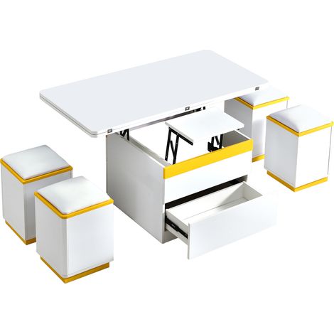 Set tavolino trasformabile bianco e giallo con 4 sgabelli in MDF e truciolare (1/5)