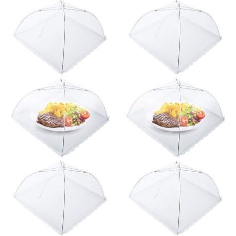 Lot de 6 cloches alimentaires pliables en forme de parapluie, idéales pour protéger vos aliments, fruits, pique-niques et barbecues des mouches. Dimensions : 45 x 45 cm. Couleur : blanc.