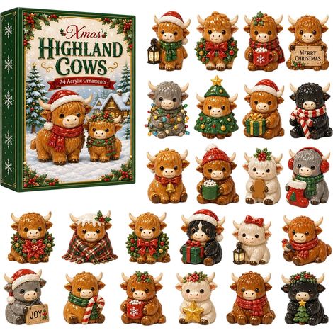 Adventskalender 2026 mit schottischen Hochlandrindern – 24 niedliche 2D-Weihnachtsbaumkugeln aus Acryl – 24-tägiger Countdown-Kalender für d (1/5)