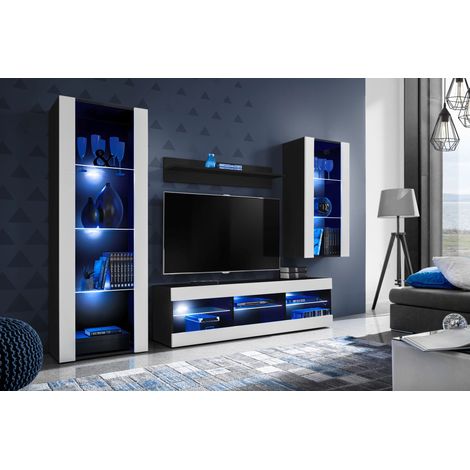 Komodee Ensemble de Meubles Tivoli Medio, Noir/Blanc, Largeur 245cm x Hauteur 159cm x Profondeur 35cm, LED Blu, 3 étagères, pour Salon, Chambre, Entrée