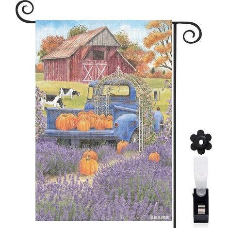 Drapeau de jardin automne 30 x 45 cm motif ferme rustique et citrouilles toile double face résistante (1/5)