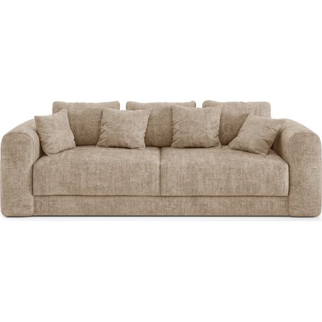 Canapé convertible coffre noyer 4 places en velours gaufré beige RIO (1/5)