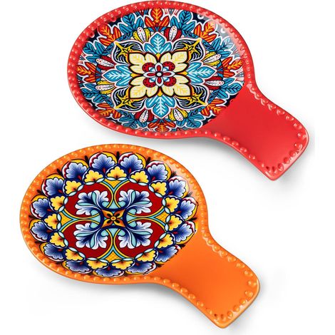 Lot de 2 Porte-cuillères en Céramique Style Bohème, Repos Ustensiles de Cuisine pour Spatules, Pinces ou Ustensiles, Lavable au Lave-vaisselle (Rouge et Orange) (1/5)
