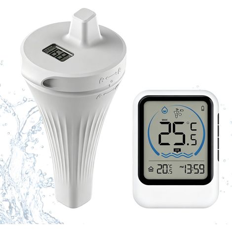 Thermomètre de piscine sans fil, thermomètre numérique sans fil, thermomètre de piscine flottant avec étanchéité IP68, station de base pour intérieur avec température et heure, avec capteur extérieur (1/5)