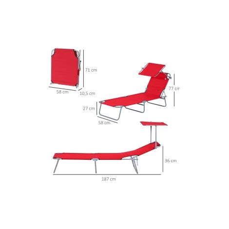 Chaise longue rouge pliable avec pare-soleil, format 187 x 58 x 36 cm pour jardin, plage et terrasse (1/5)