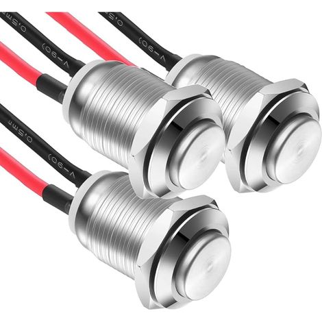 3pcs Auto-verrouillage Bouton-Poussoir Étanche en Acier Inoxydable Bouton-Poussoir On/Off 12mm 2A 12V/24V/125V/250V avec fil de (Tête Haute)