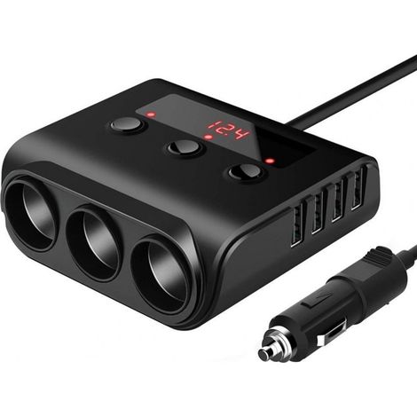 Divisor de corriente para coche de 12 V + cargador USB para coche con interruptor y voltímetro - 3 puertos de 12 V - 4 puertos USB - Accesorios para coche