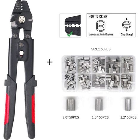 Seilschneider mit Schneidfunktion für Aluminiumhülsen von 0,1 mm bis 2,2 mm, mit 150 Stück 1,2/1,5/2 mm doppelwandigen Aluminiumhülsen (1/4)