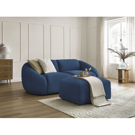 BOBOCHIC - Canapé droit fixe 2 places TINA velours côtelé avec pouf   Bleu foncé (1/5)