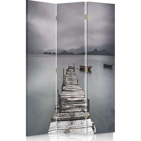 Paravent décoratif pont et lac, séparateur d'espace 3 panneaux - 110 x 180 cm - 1 face déco, 1 face noir