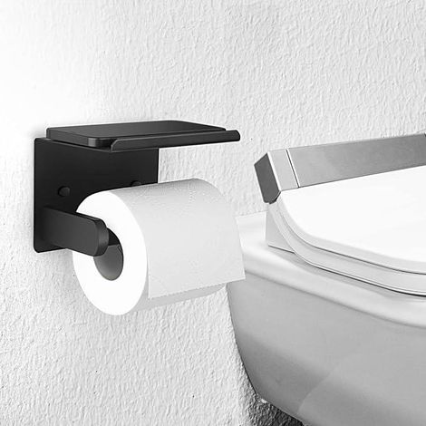 Porte-papier hygiénique noir mat avec étagère, à visser ou auto-adhésif mural (1/5)